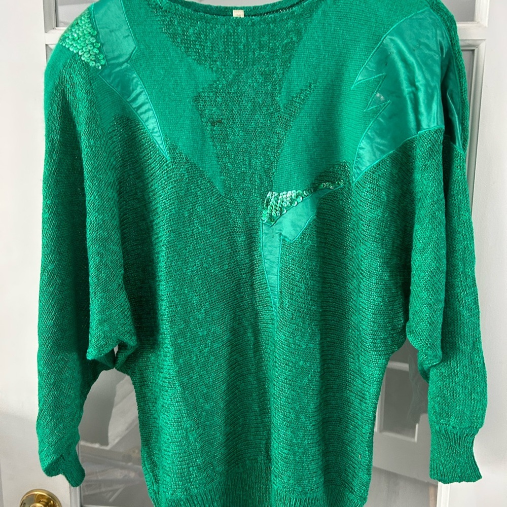 4/$50 ugly Christmas sweater VTg 1980 Elegant Green Sweater size 36 😌